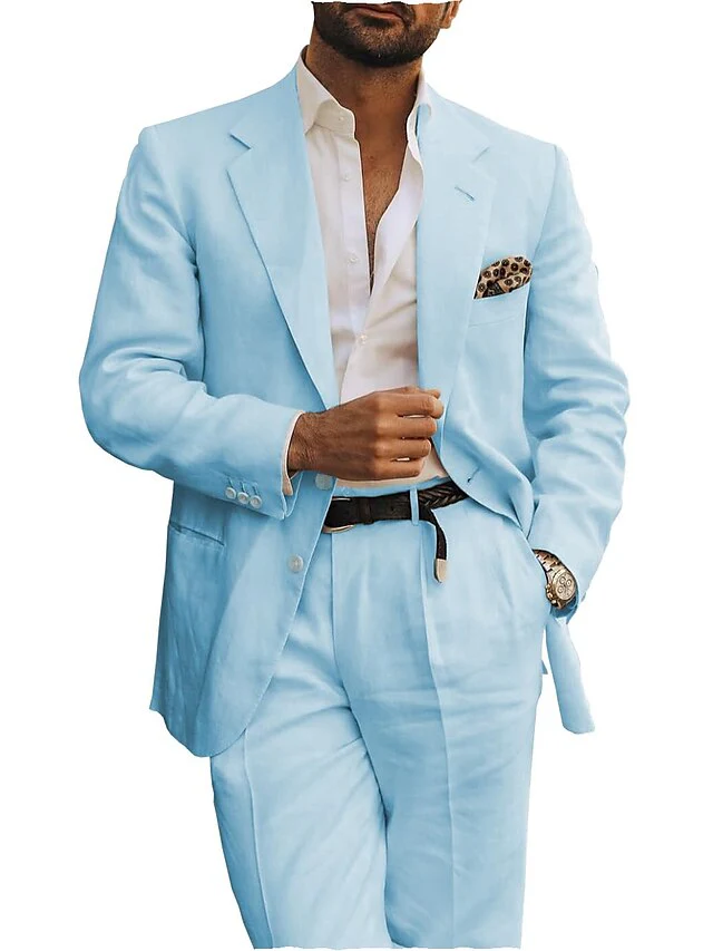 Men's Tailored Fit Single Breasted Two-buttons 2 Pieces Linen Suits - Image 2