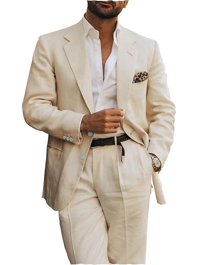 Men's Tailored Fit Single Breasted Two-buttons 2 Pieces Linen Suits - Image 4
