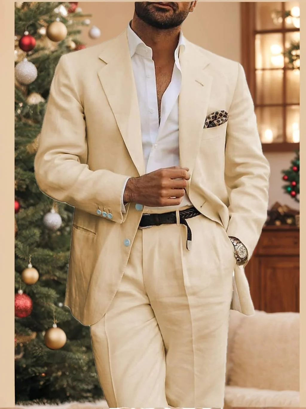 Men's Tailored Fit Single Breasted Two-buttons 2 Pieces Linen Suits - Image 7