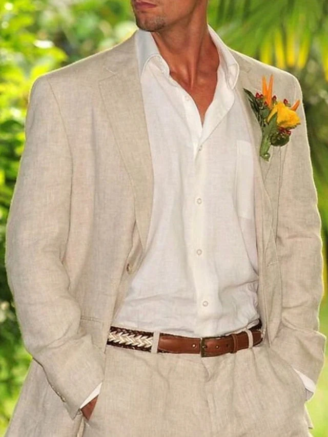 Men's Tailored Fit Single Breasted Two-buttons 2 Pieces Linen Suits - Image 2