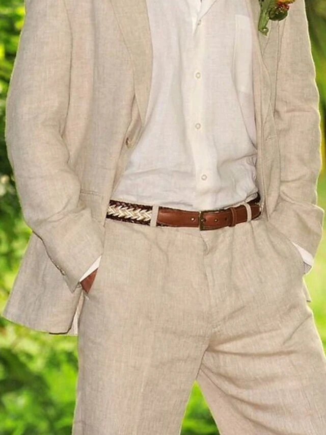 Men's Tailored Fit Single Breasted Two-buttons 2 Pieces Linen Suits - Image 4
