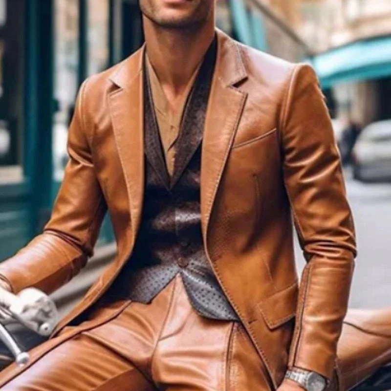 Men's Tailored Fit Single Breasted Two-buttons 2 Pieces PU Leather Party Suits Wedding Suits - Image 2