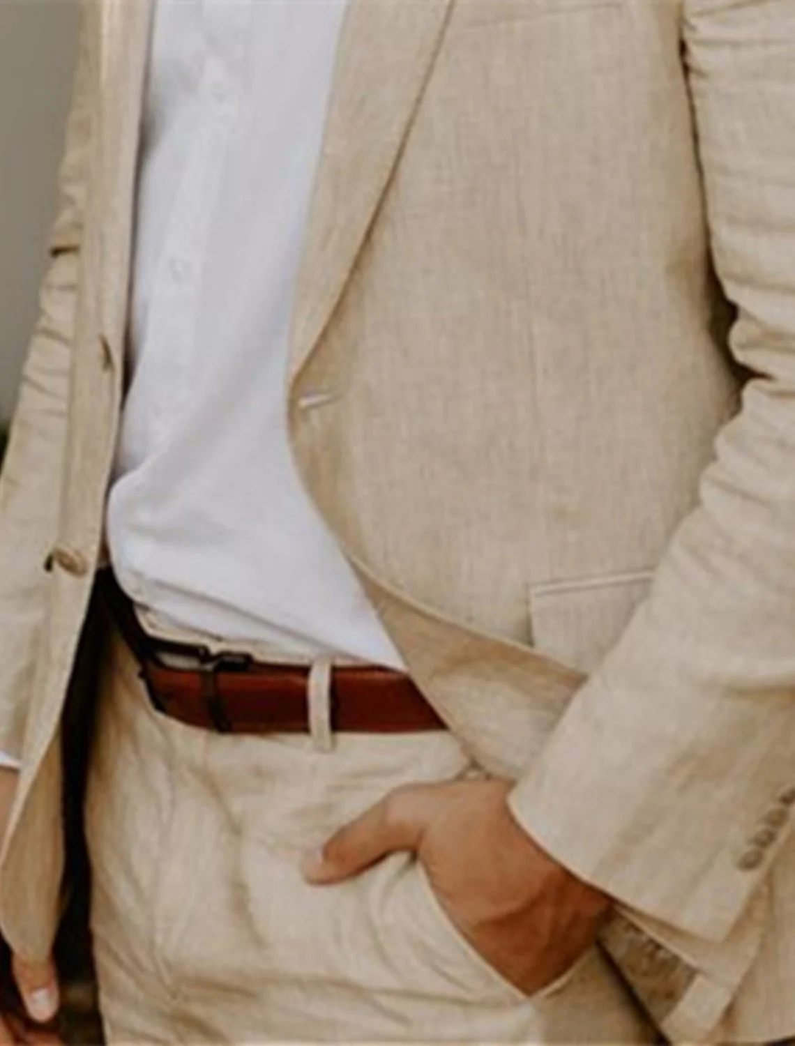 Men's Tailored Fit Single Breasted Two-buttons 2 Pieces Solid Coloured Linen Suits - Image 3