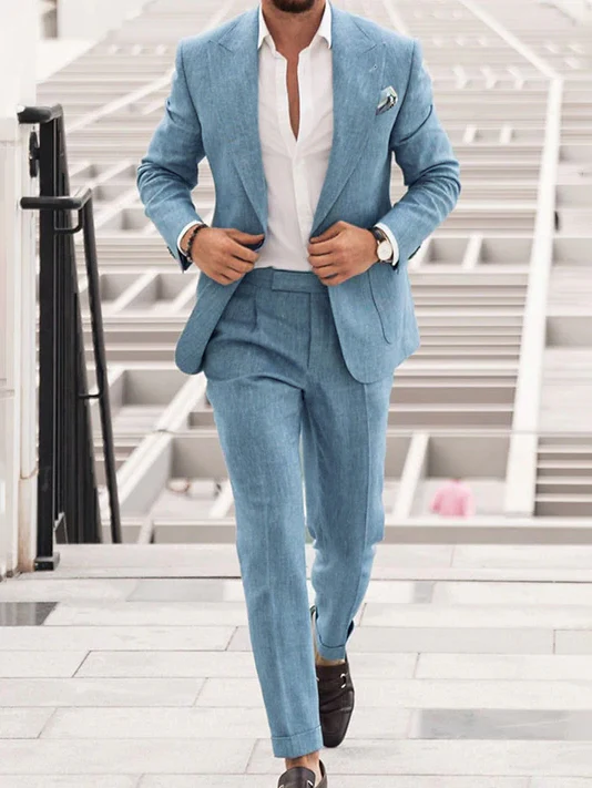 Men's Tailored Fit Single Breasted Two-buttons 2 Pieces Solid Coloured Linen Suits
