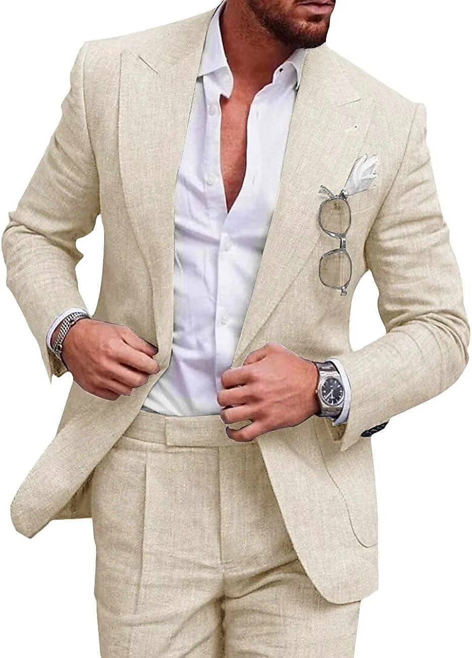 Men's Tailored Fit Single Breasted Two-buttons 2 Pieces Solid Coloured Linen Suits - Image 3