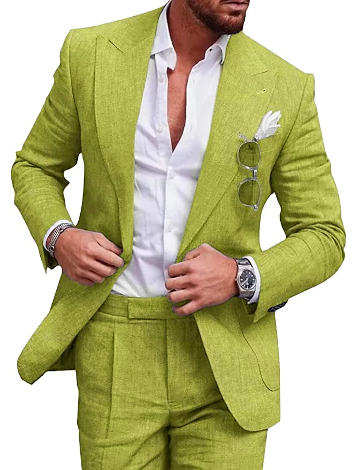 Men's Tailored Fit Single Breasted Two-buttons 2 Pieces Solid Coloured Linen Suits - Image 4