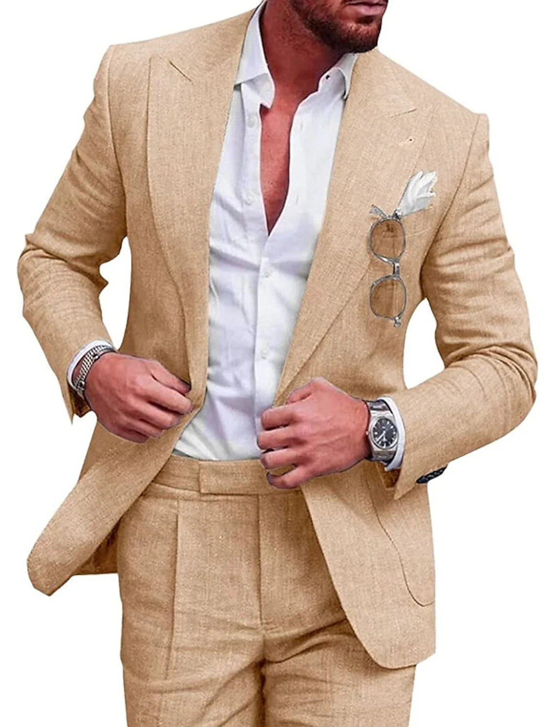 Men's Tailored Fit Single Breasted Two-buttons 2 Pieces Solid Coloured Linen Suits - Image 5