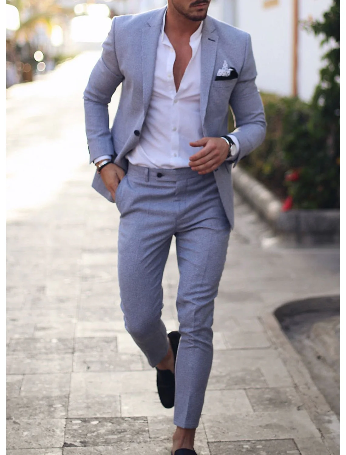 Men's Tailored Fit Single Breasted Two-buttons 2 Pieces Solid Coloured Linen Suits - Image 3