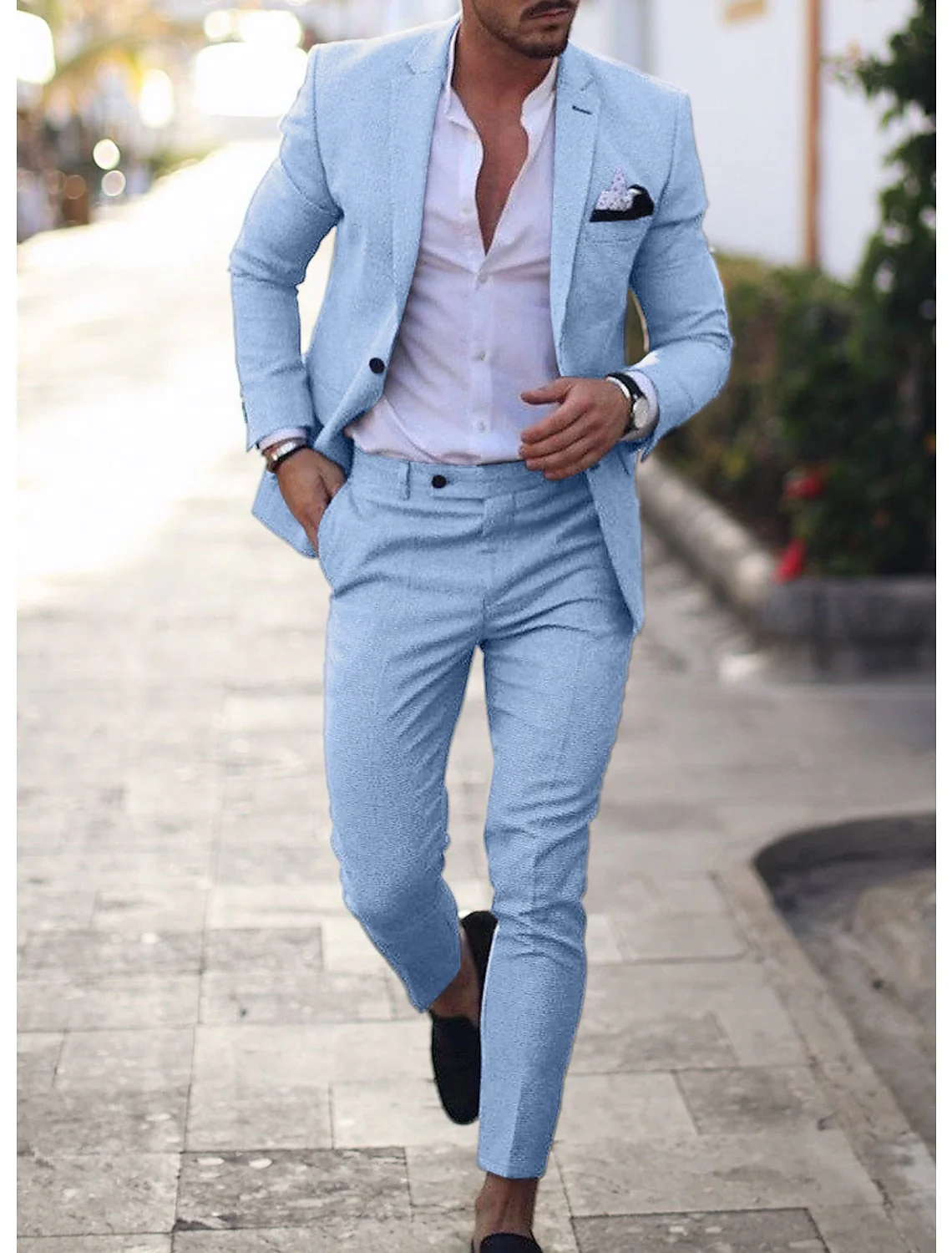 Men's Tailored Fit Single Breasted Two-buttons 2 Pieces Solid Coloured Linen Suits - Image 4