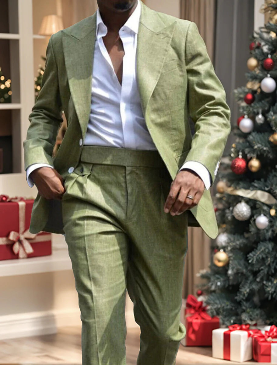 Men's Tailored Fit Single Breasted Two-buttons 2 Pieces Solid Coloured Linen Suits - Image 4