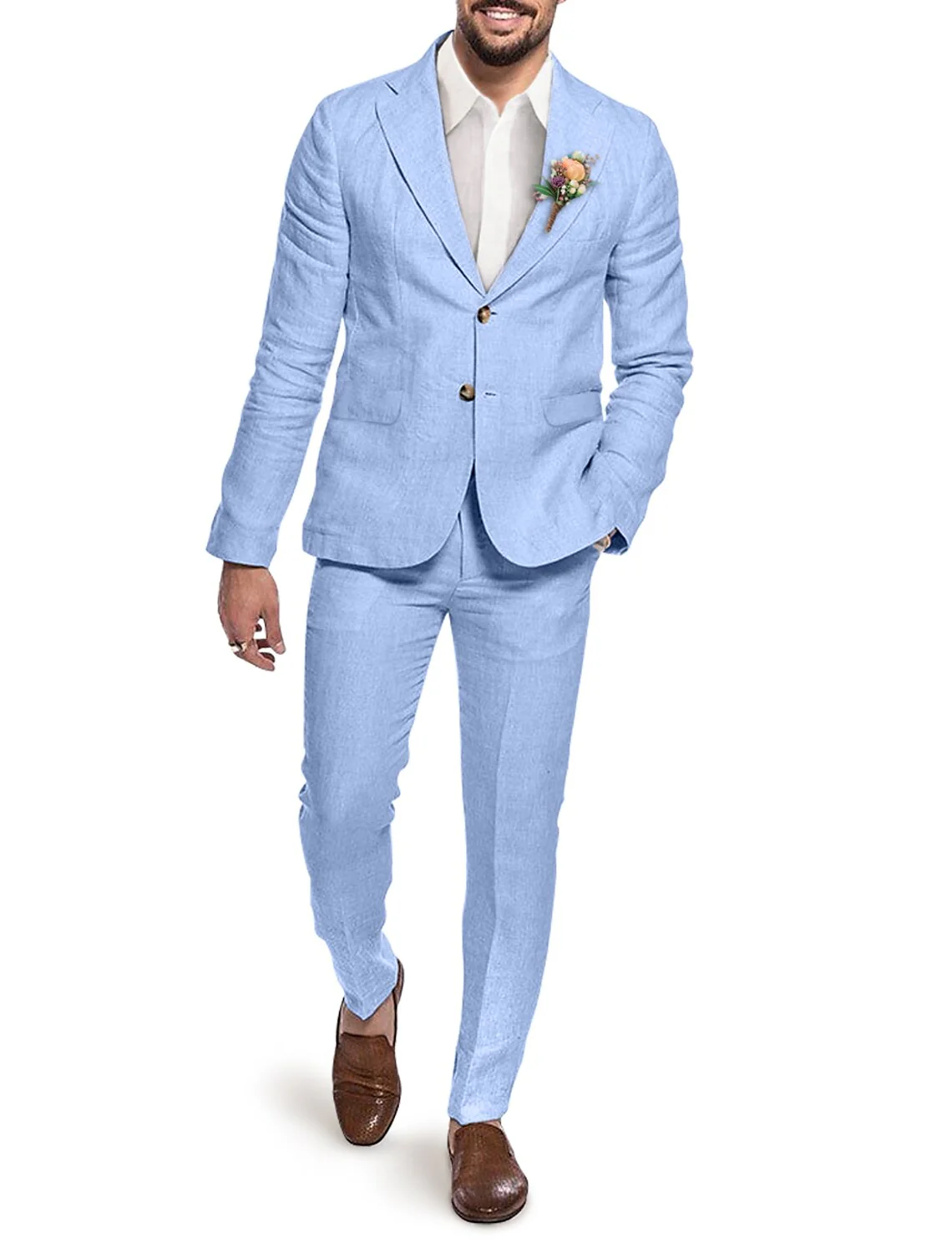 Men's Tailored Fit Single Breasted Two-buttons 2 Pieces Solid Coloured Linen Suits - Image 3