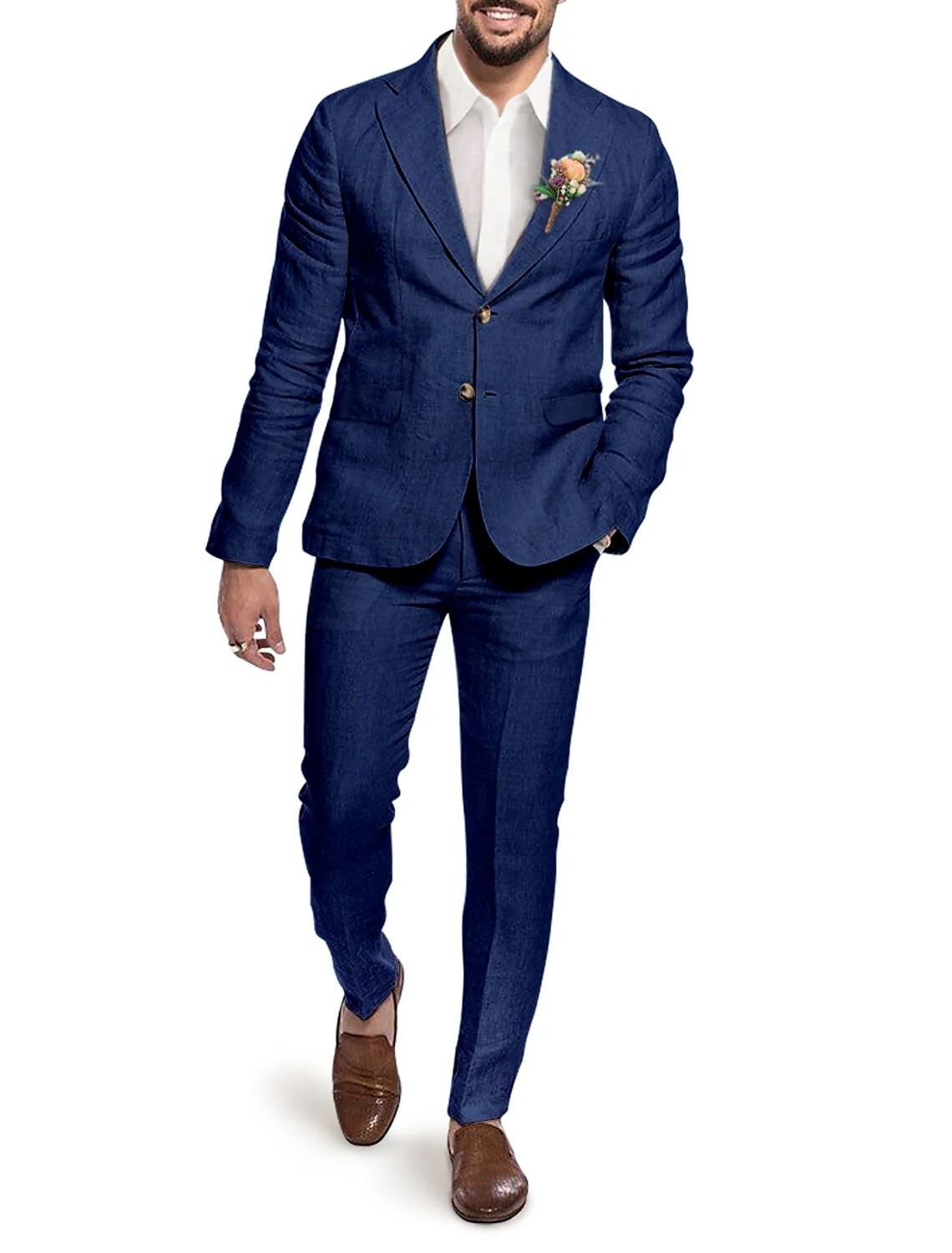 Men's Tailored Fit Single Breasted Two-buttons 2 Pieces Solid Coloured Linen Suits - Image 4