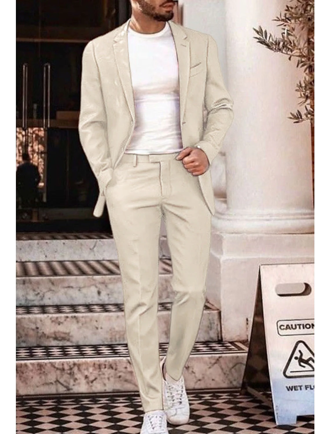 Men's Tailored Fit Single Breasted Two-buttons 2 Pieces Solid Coloured Linen Suits - Image 3