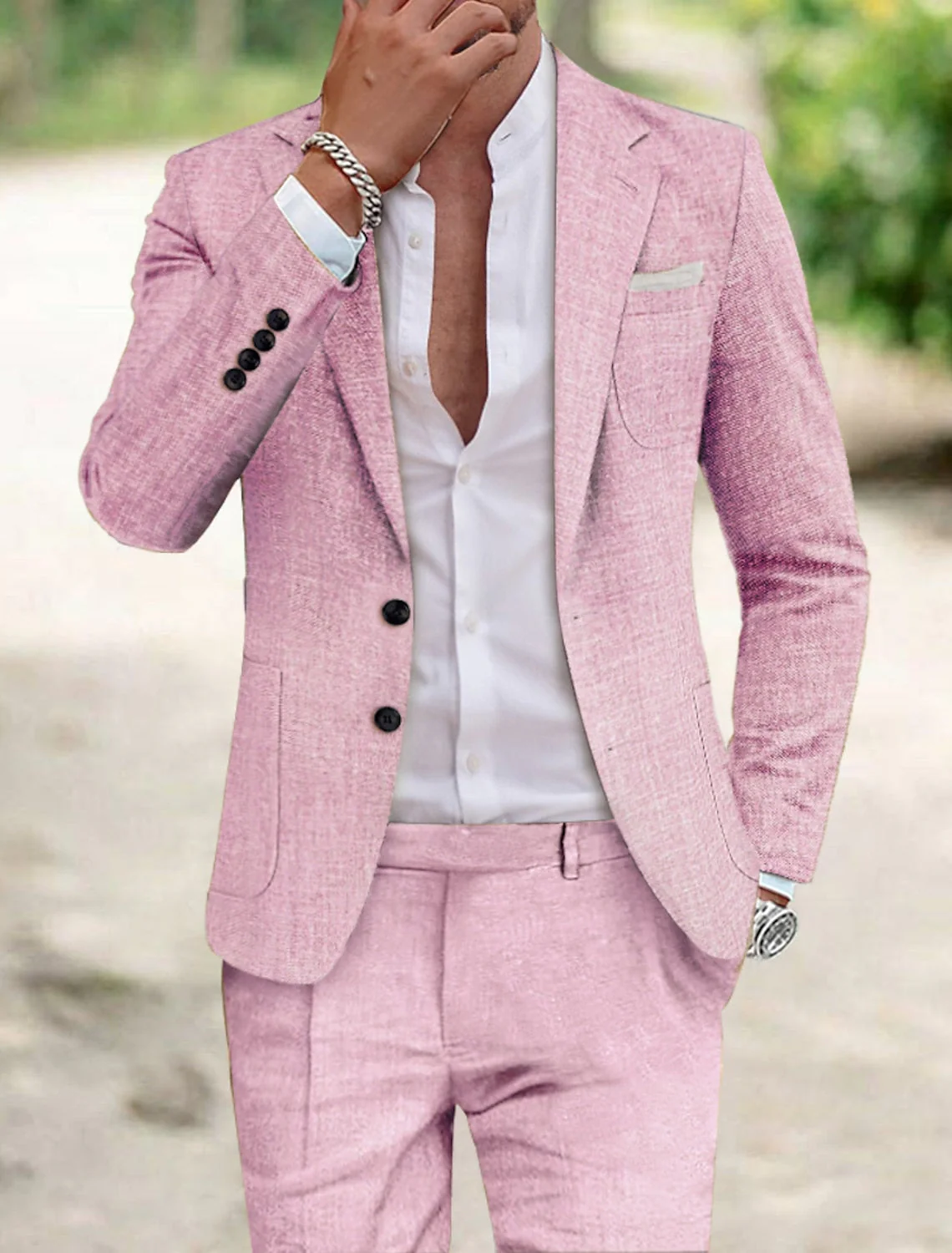 Men's Tailored Fit Single Breasted Two-buttons 2 Pieces Solid Coloured Linen Suits - Image 3
