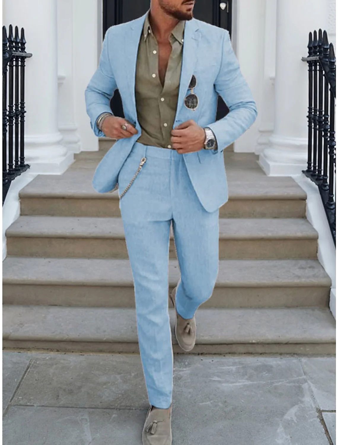 Men's Tailored Fit Single Breasted Two-buttons 2 Pieces Solid Coloured Linen Suits - Image 2
