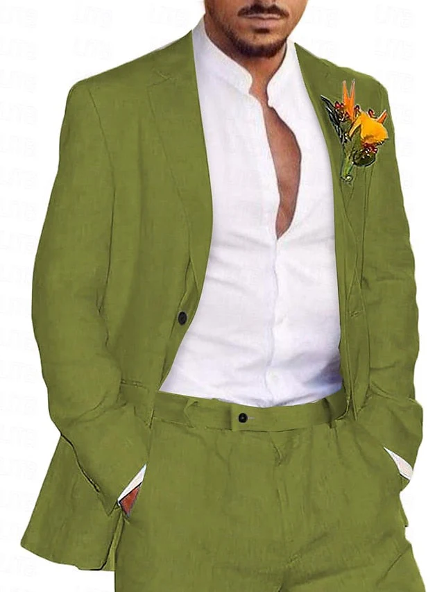 Men's Tailored Fit Single Breasted Two-buttons 2 Pieces Solid Coloured Linen Suits