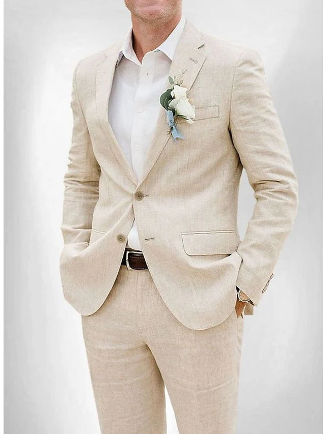 Men's Tailored Fit Single Breasted Two-buttons 2 Pieces Solid Coloured Linen Suits