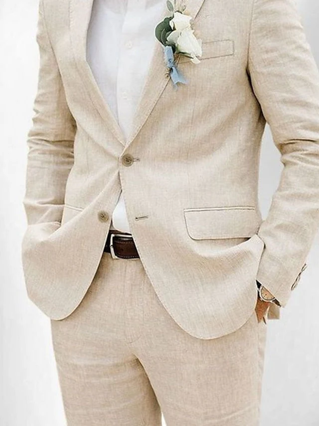 Men's Tailored Fit Single Breasted Two-buttons 2 Pieces Solid Coloured Linen Suits - Image 3