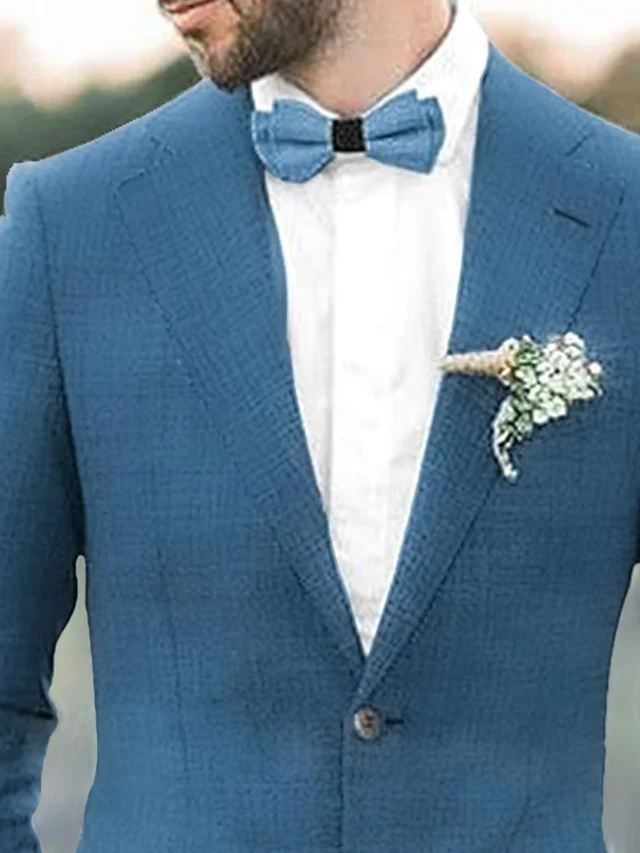 Men's Tailored Fit Single Breasted Two-buttons 2 Pieces Solid Coloured Linen Suits - Image 2