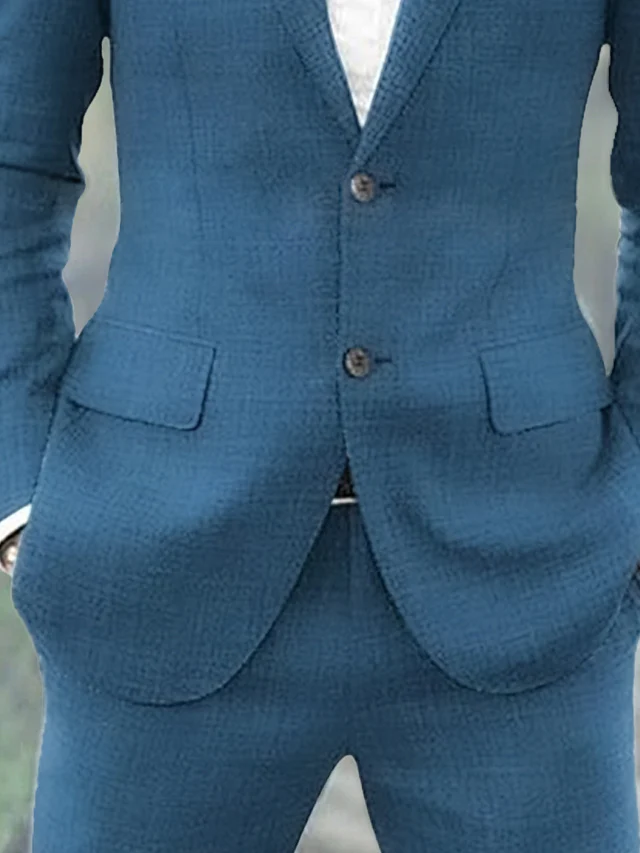Men's Tailored Fit Single Breasted Two-buttons 2 Pieces Solid Coloured Linen Suits - Image 4