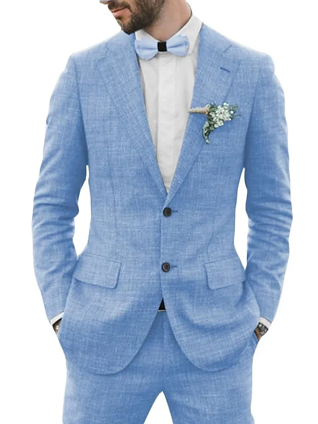 Men's Tailored Fit Single Breasted Two-buttons 2 Pieces Solid Coloured Linen Suits - Image 5
