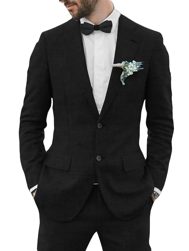 Men's Tailored Fit Single Breasted Two-buttons 2 Pieces Solid Coloured Linen Suits - Image 6