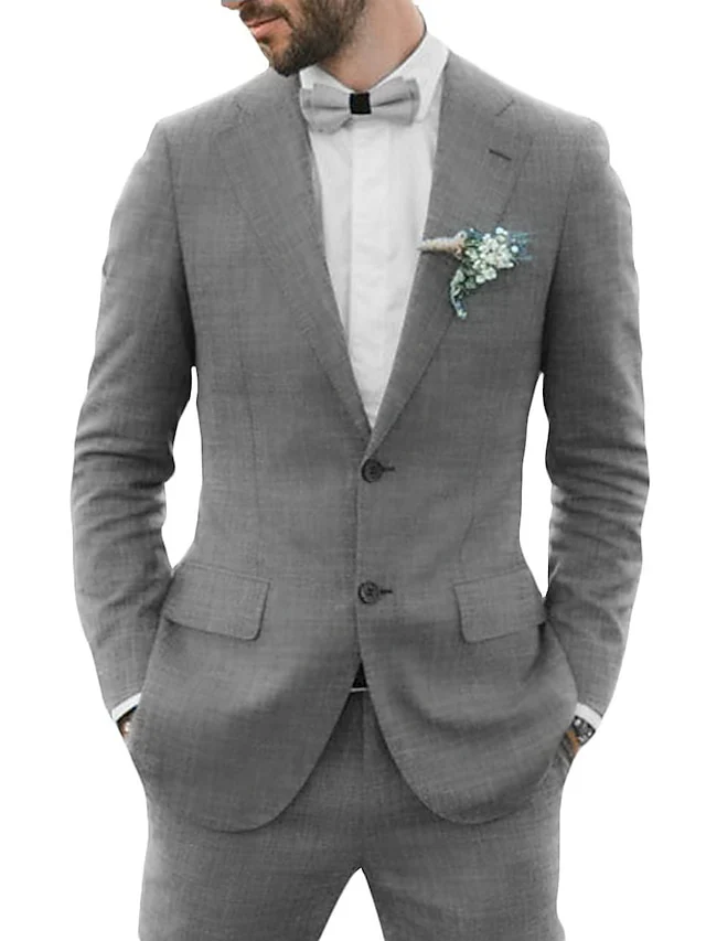 Men's Tailored Fit Single Breasted Two-buttons 2 Pieces Solid Coloured Linen Suits - Image 8