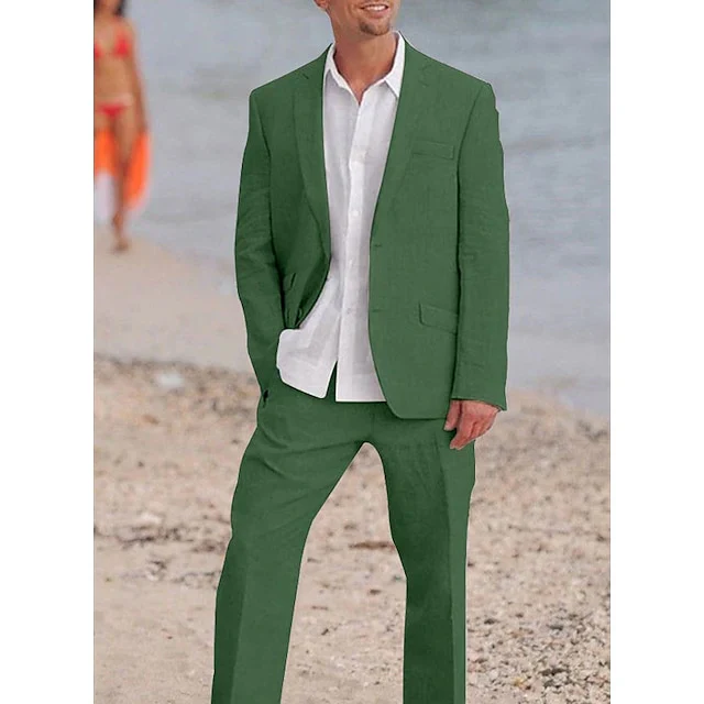 Men's Tailored Fit Single Breasted Two-buttons 2 Pieces Solid Coloured Linen Suits - Image 3