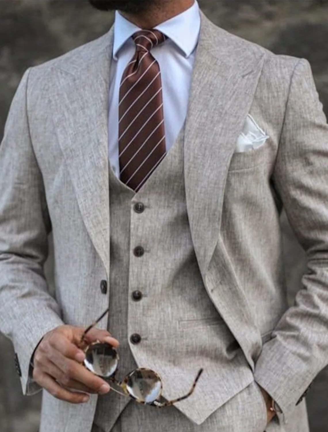 Men's Tailored Fit Single Breasted Two-buttons 3 Pieces Solid Coloured Linen Suits - Image 2