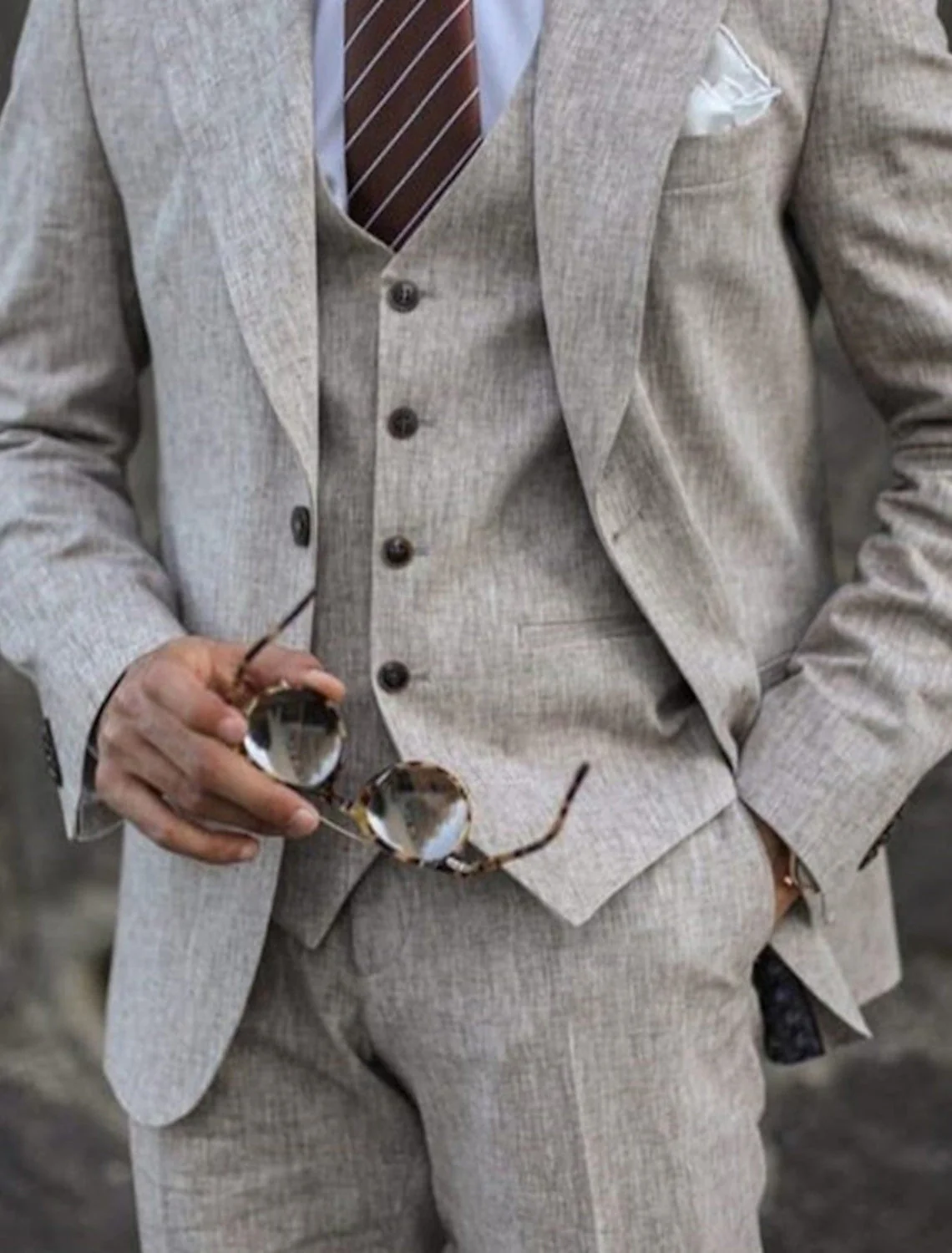 Men's Tailored Fit Single Breasted Two-buttons 3 Pieces Solid Coloured Linen Suits - Image 3