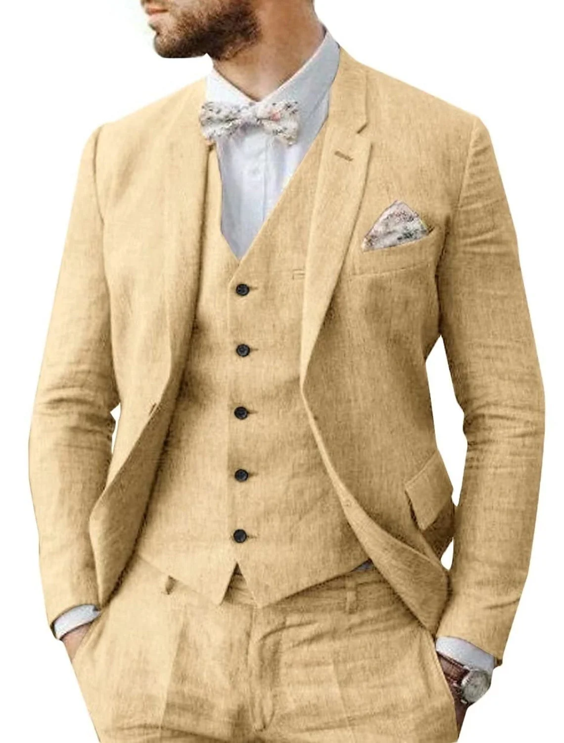 Men's Tailored Fit Single Breasted Two-buttons 3 Pieces Solid Coloured Linen Suits - Image 5
