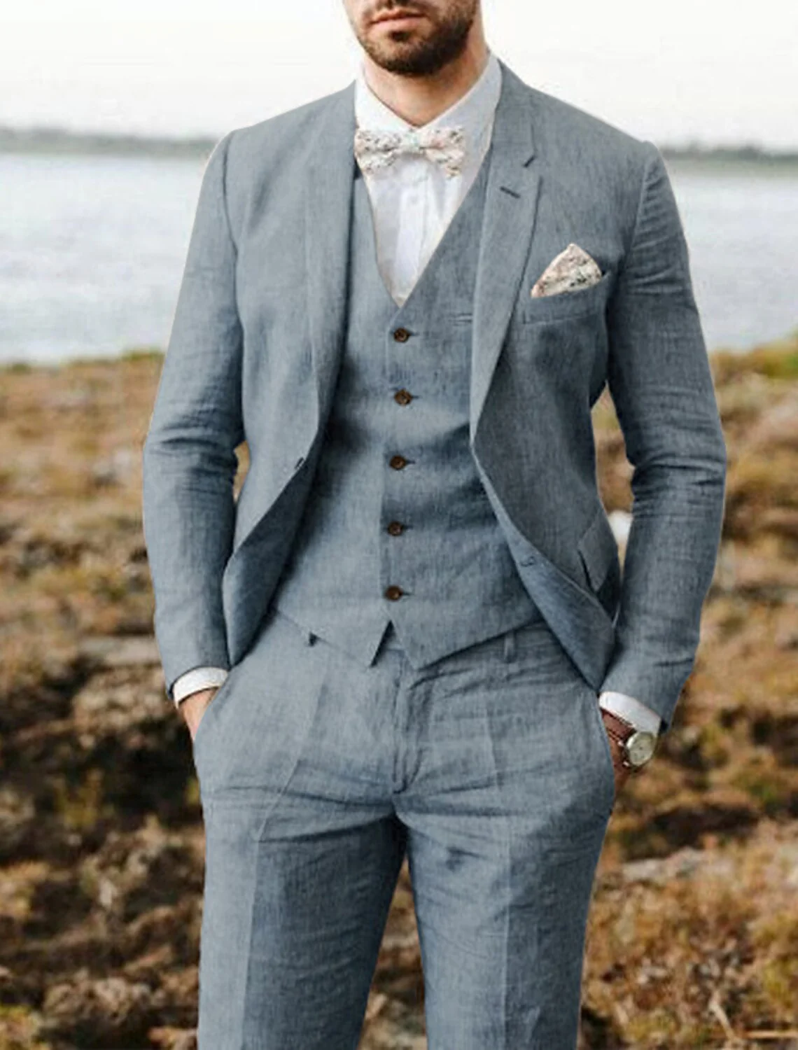 Men's Tailored Fit Single Breasted Two-buttons 3 Pieces Solid Coloured Linen Suits - Image 2