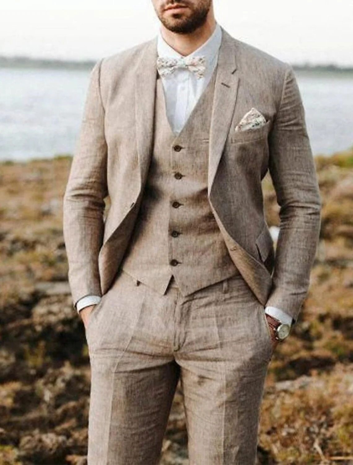 Men's Tailored Fit Single Breasted Two-buttons 3 Pieces Solid Coloured Linen Suits - Image 3