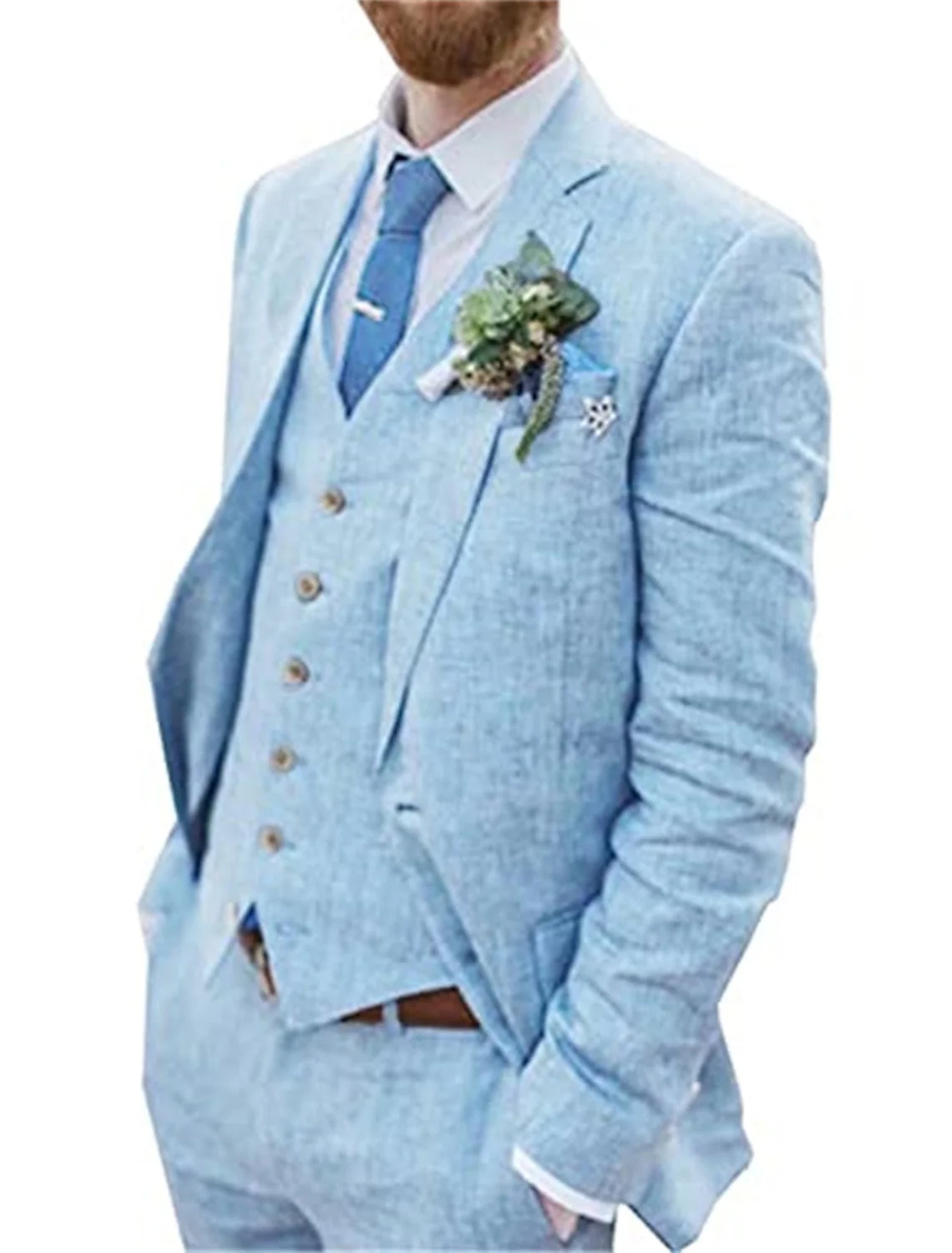 Men's Tailored Fit Single Breasted Two-buttons 3 Pieces Solid Coloured Linen Suits - Image 4