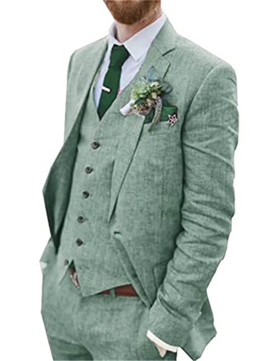 Men's Tailored Fit Single Breasted Two-buttons 3 Pieces Solid Coloured Linen Suits - Image 5