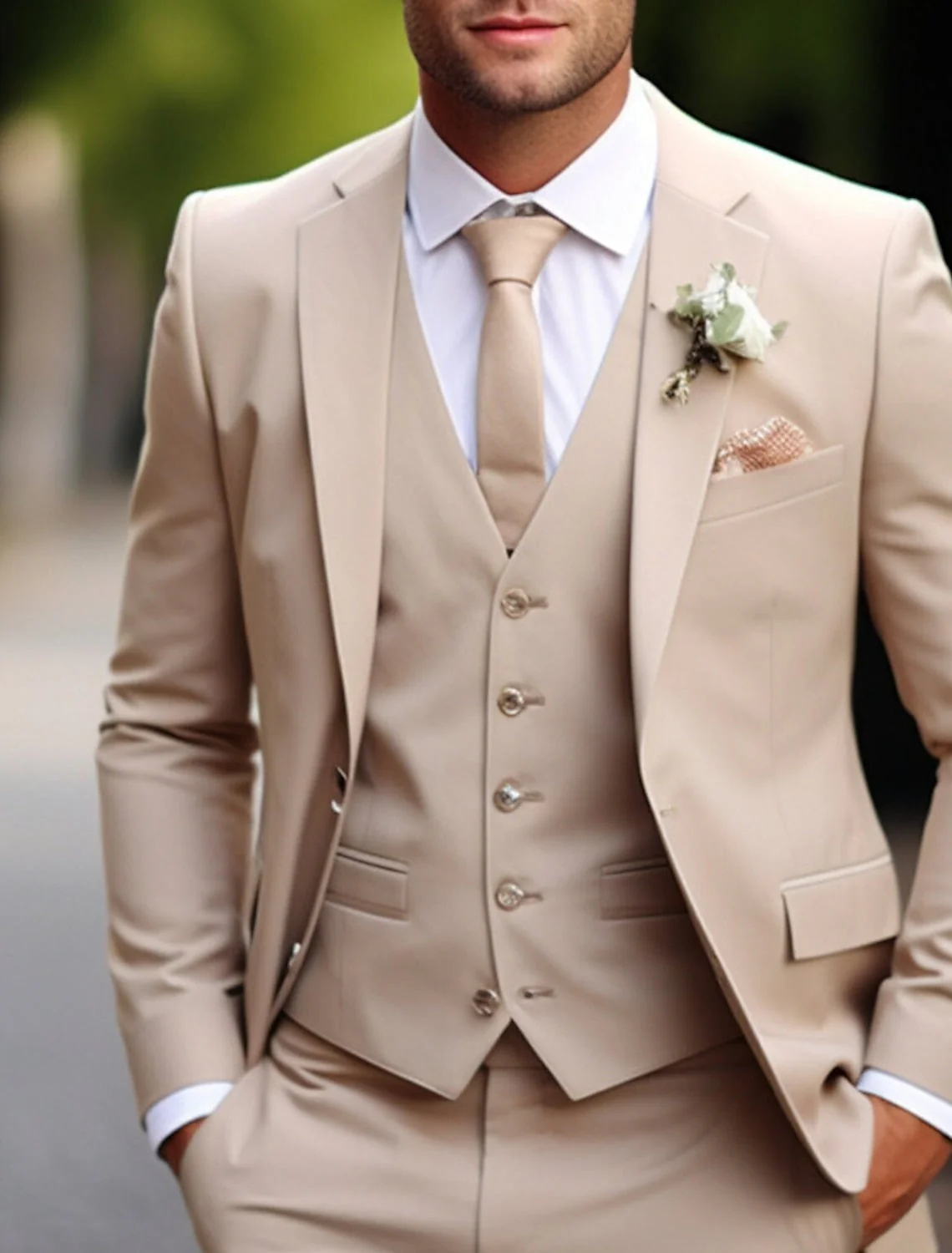 Men's Tailored Fit Single Breasted Two-buttons 3 Pieces Solid Coloured Wedding Suits - Image 2