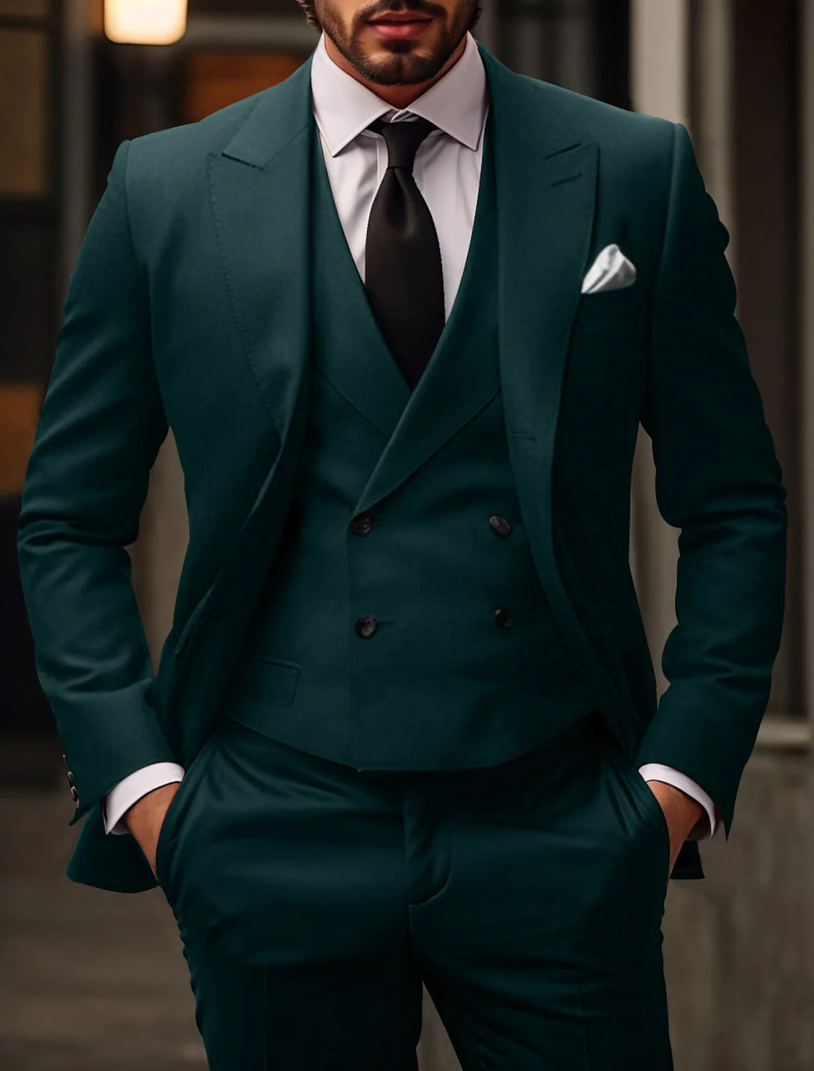 Men's Tailored Fit Single Breasted Two-buttons 3 Pieces Solid Coloured Wedding Suits - Image 2