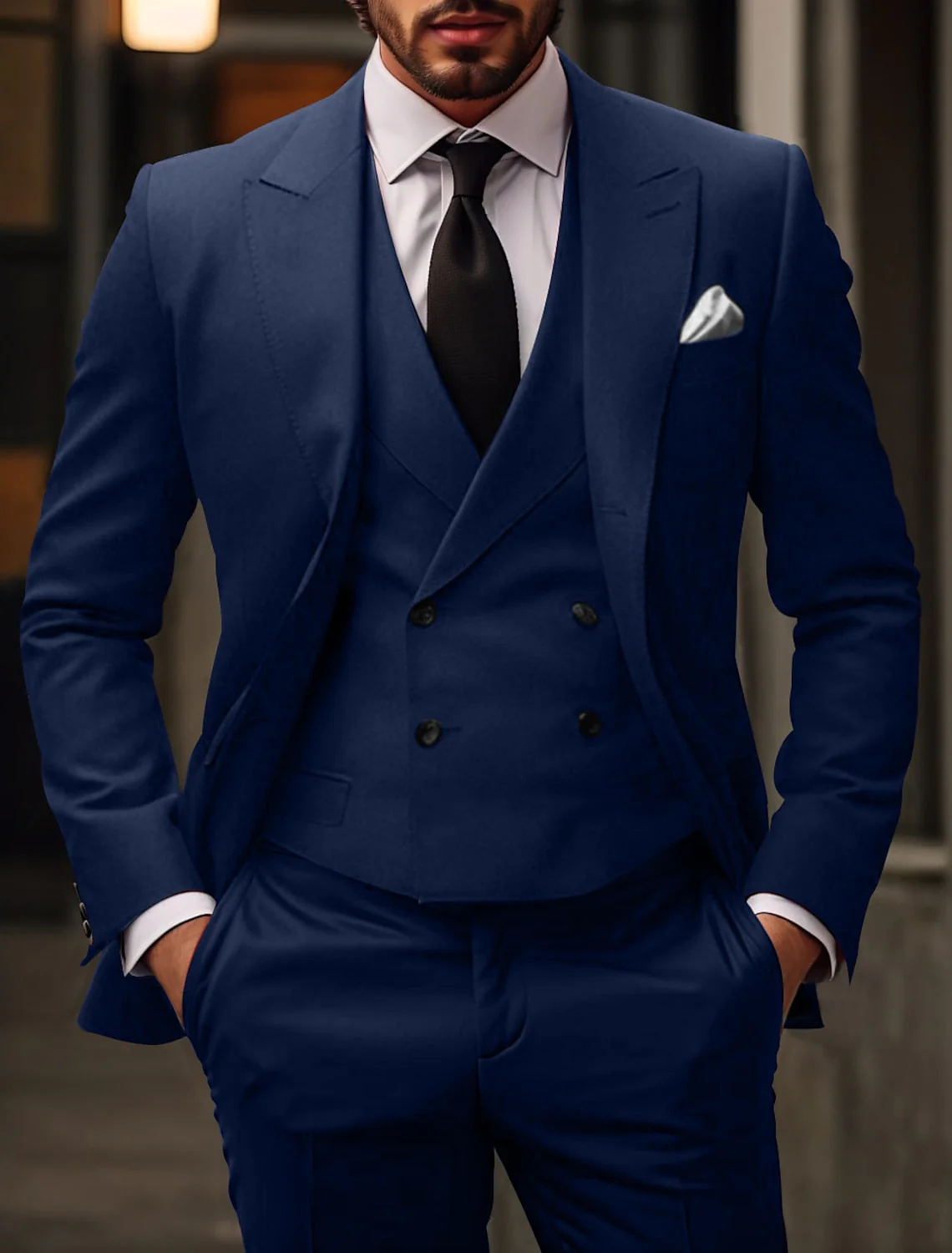 Men's Tailored Fit Single Breasted Two-buttons 3 Pieces Solid Coloured Wedding Suits - Image 3