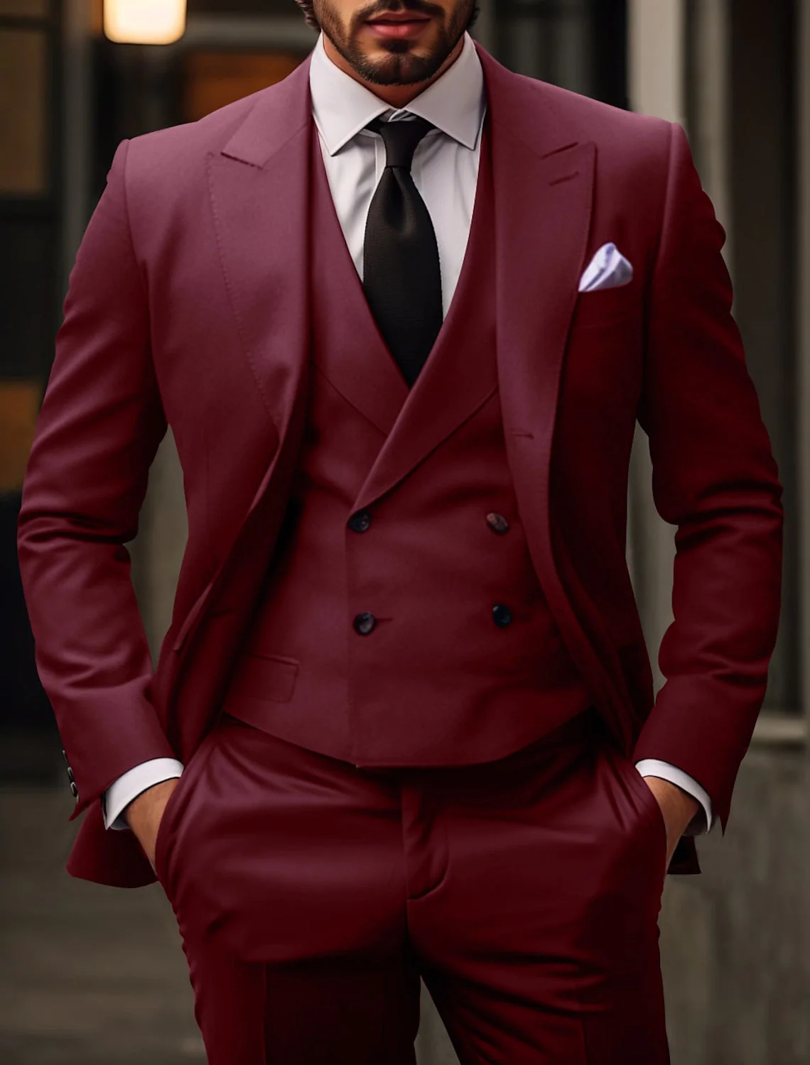 Men's Tailored Fit Single Breasted Two-buttons 3 Pieces Solid Coloured Wedding Suits - Image 4