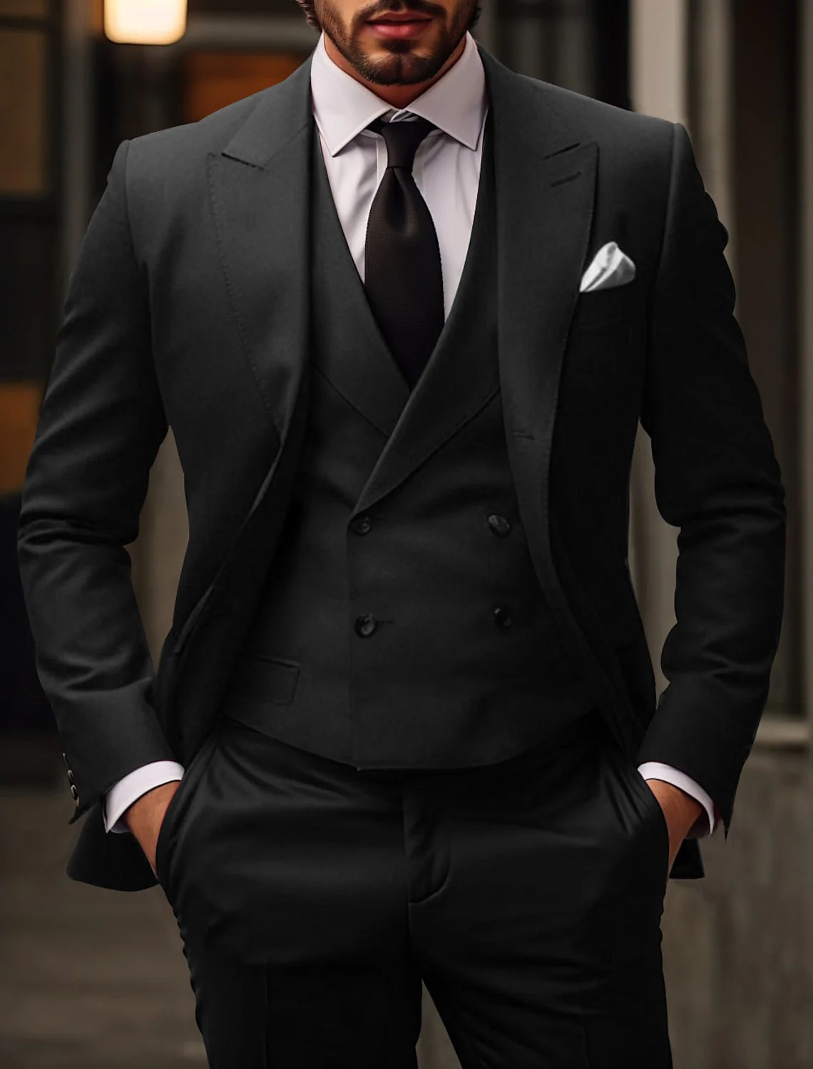 Men's Tailored Fit Single Breasted Two-buttons 3 Pieces Solid Coloured Wedding Suits - Image 5