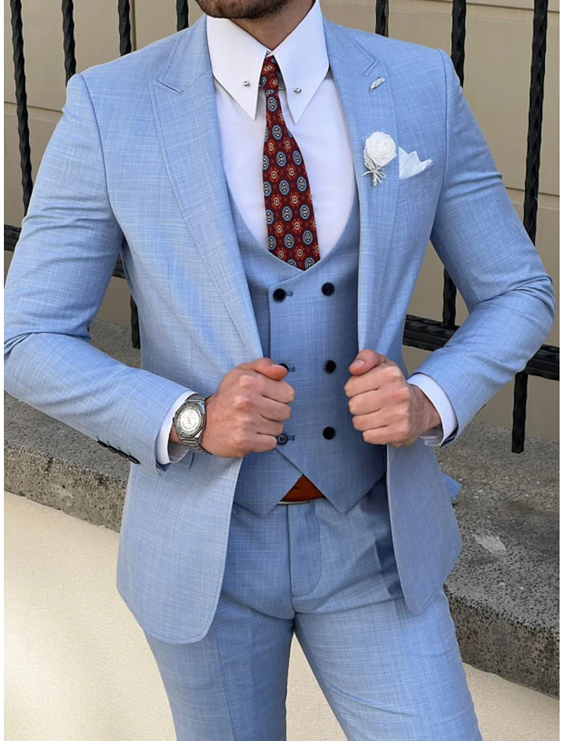 Men's Tailored Fit Single Breasted Two-buttons 3 Pieces Solid Coloured Wedding Suits - Image 3