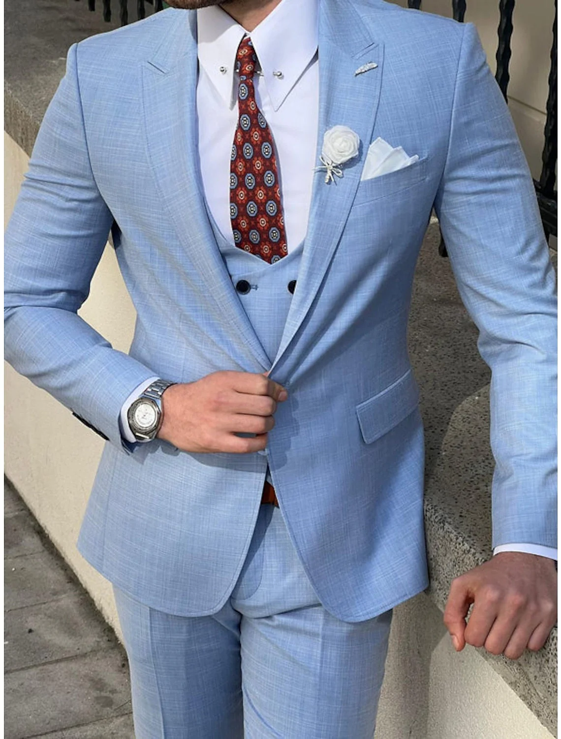 Men's Tailored Fit Single Breasted Two-buttons 3 Pieces Solid Coloured Wedding Suits - Image 4