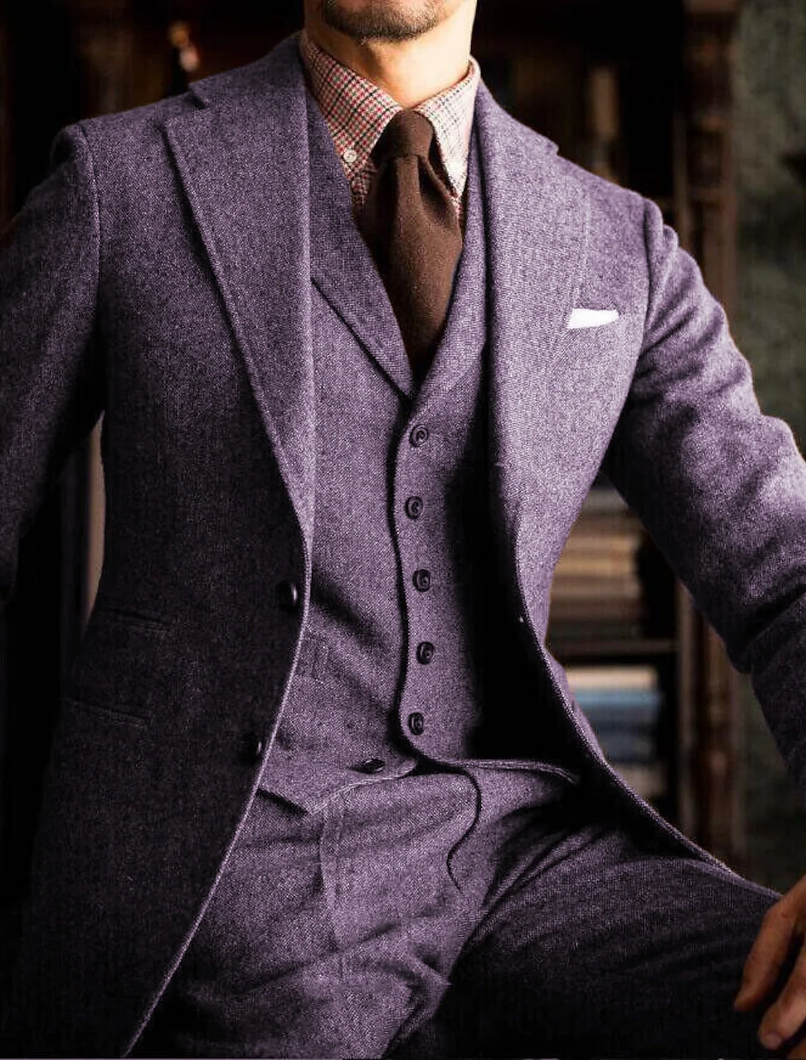 Men's Tailored Fit Single Breasted Two-buttons 3 Pieces Solid Coloured Wedding Tweed Suits - Image 4