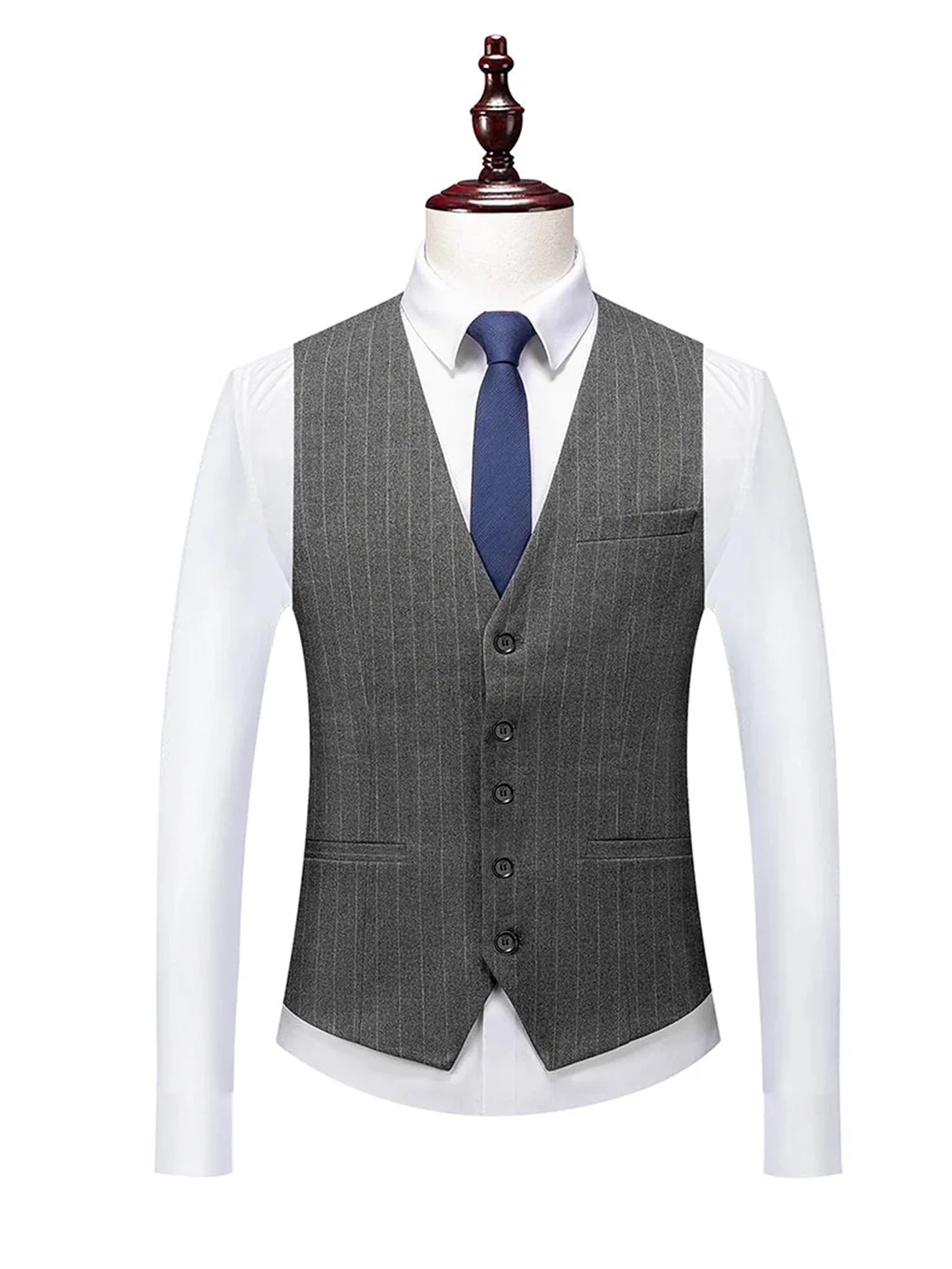 Men's Tailored Fit Single Breasted Two-buttons 3 Pieces Striped Wedding Suits - Image 4