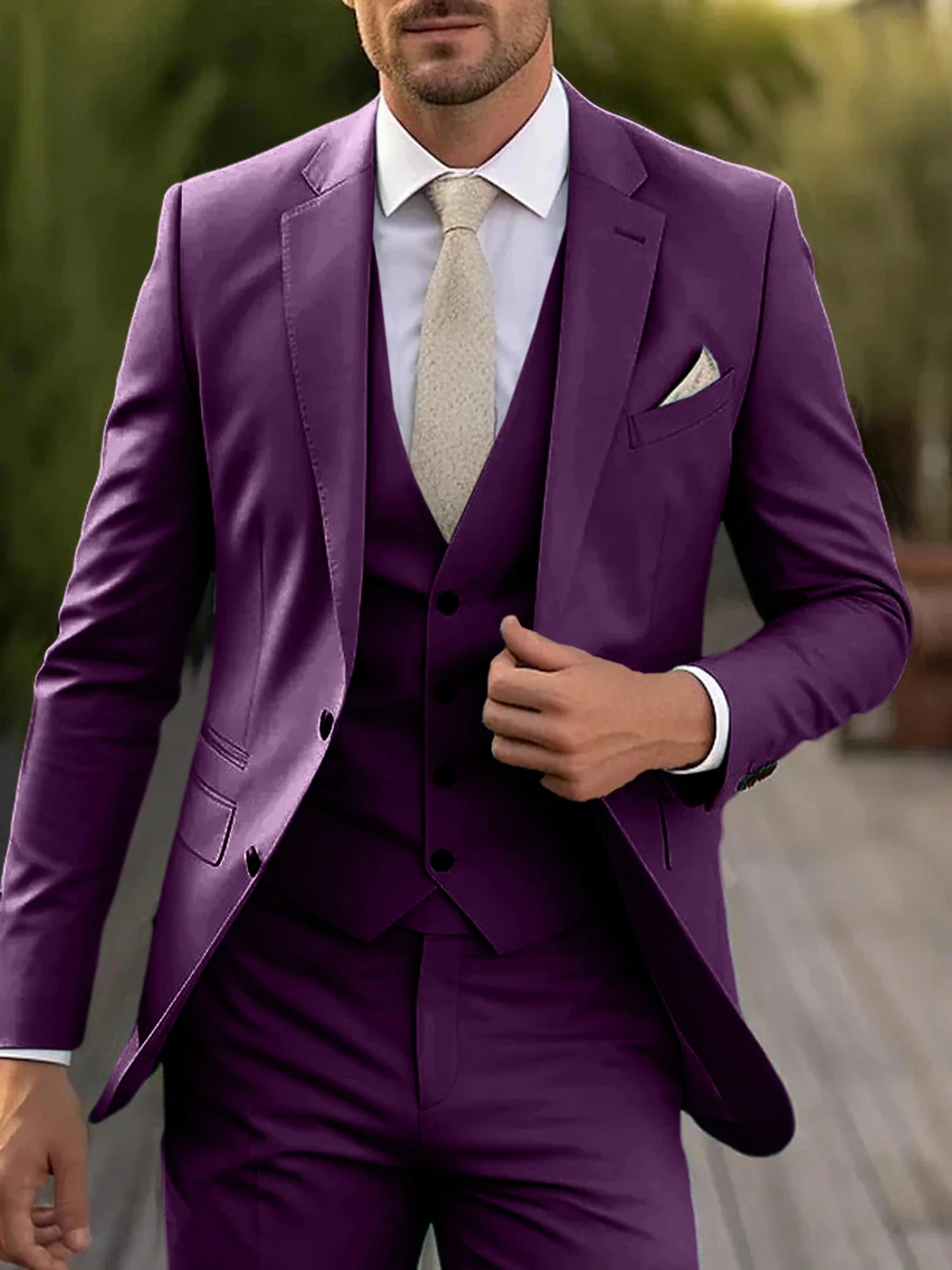 Men's Tailored Fit Single Breasted Two-buttons 3 Pieces Wedding Suits - Image 15