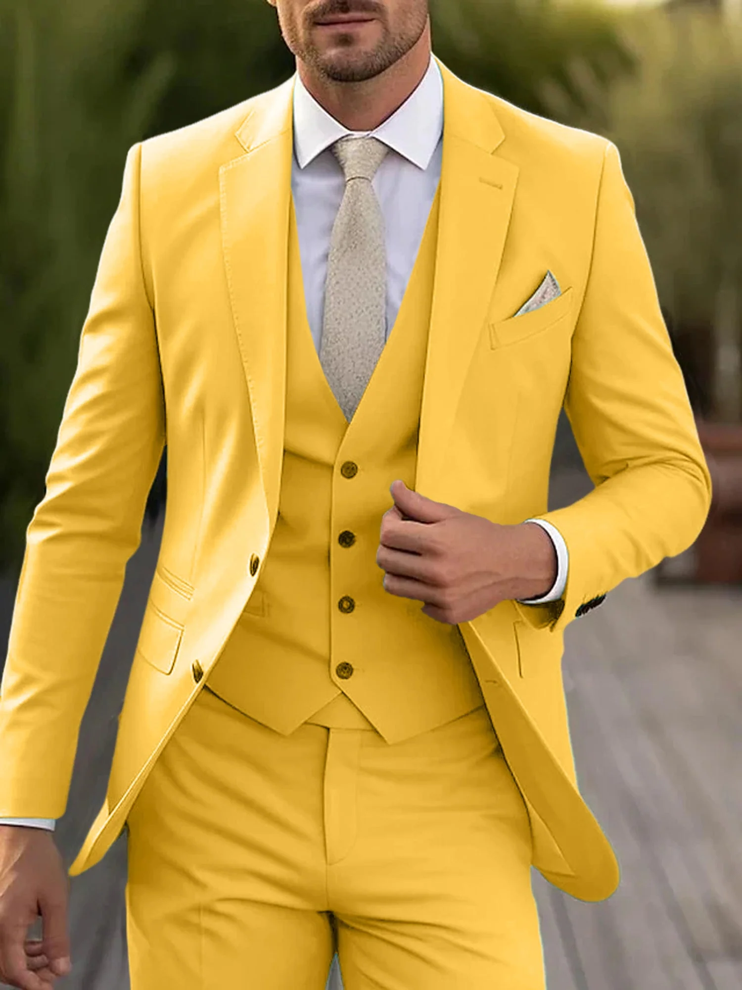 Men's Tailored Fit Single Breasted Two-buttons 3 Pieces Wedding Suits - Image 17