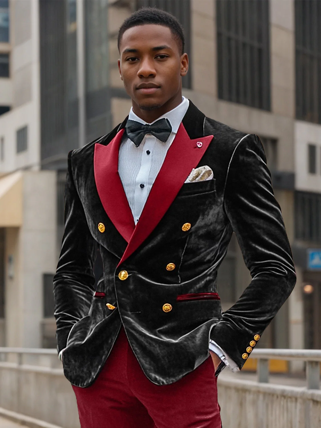 Men's Vintage Party Velvet Coloured Patchwork Solid   Regular Standard Fit Double Breasted Six-buttons Blazer Jacket - Image 3