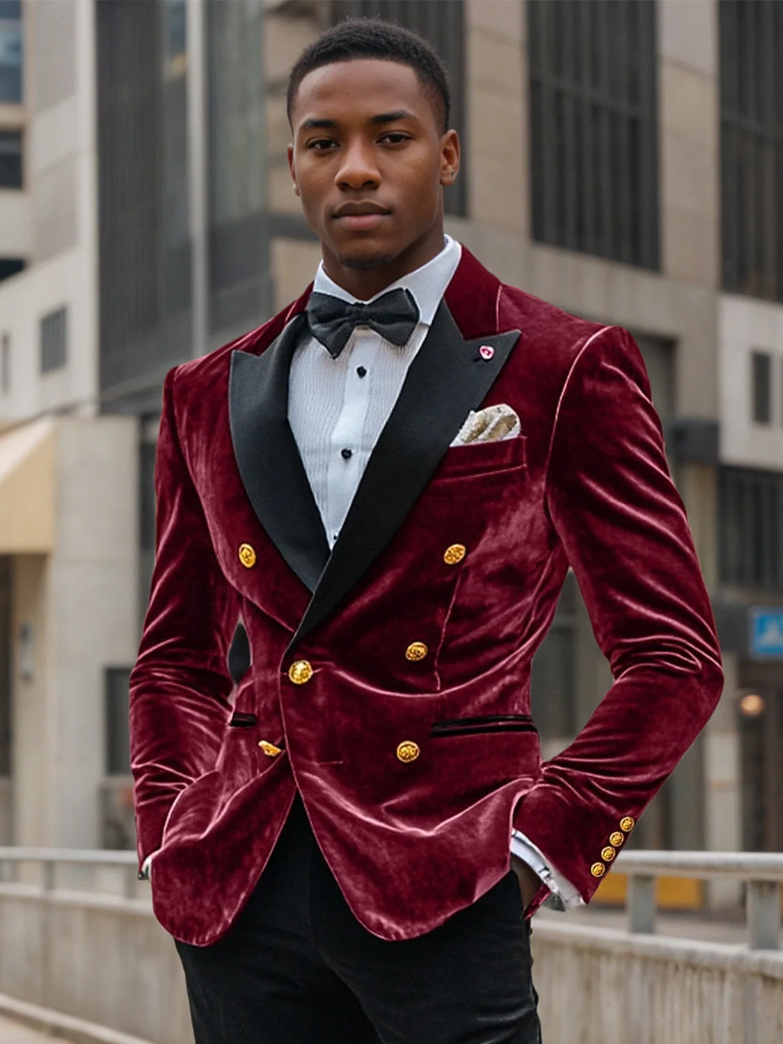 Men's Vintage Party Velvet Coloured Patchwork Solid   Regular Standard Fit Double Breasted Six-buttons Blazer Jacket - Image 4