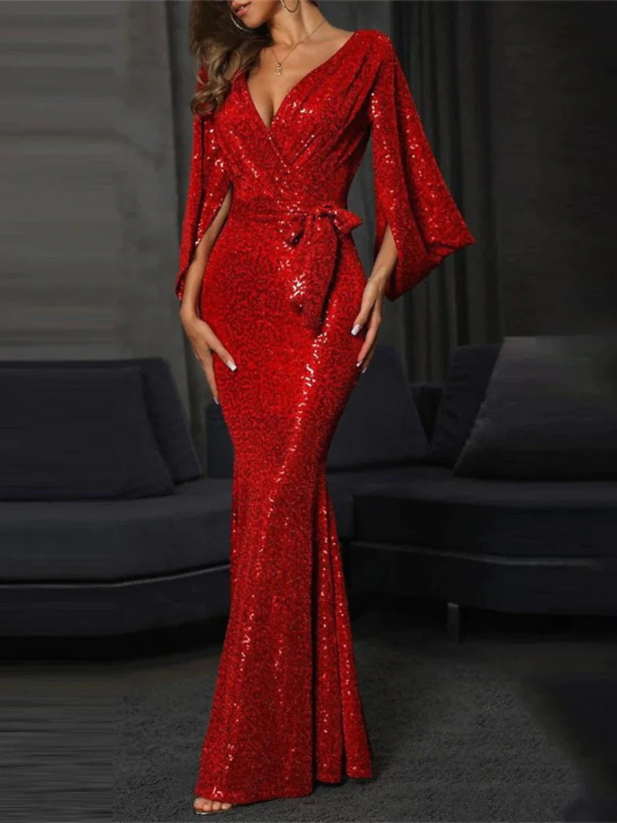 Mermaid Floor Length Long Sleeve V Neck Prom Dress Sequined with Bow(s) Sequin - Image 2