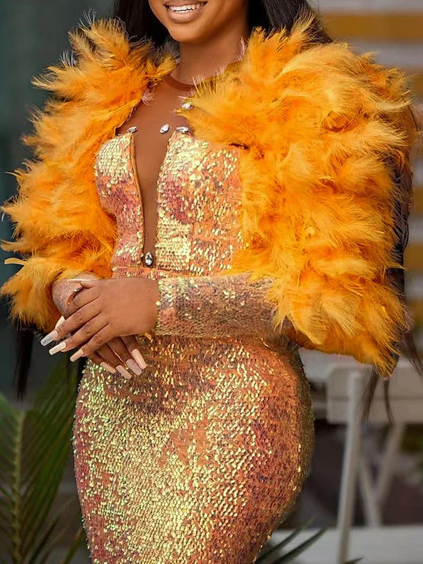 Mermaid/Trumpet Floor Length Long Sleeve V Neck Prom Dress Sparkle & Shine Dress Sequined with Feather Crystals - Image 2